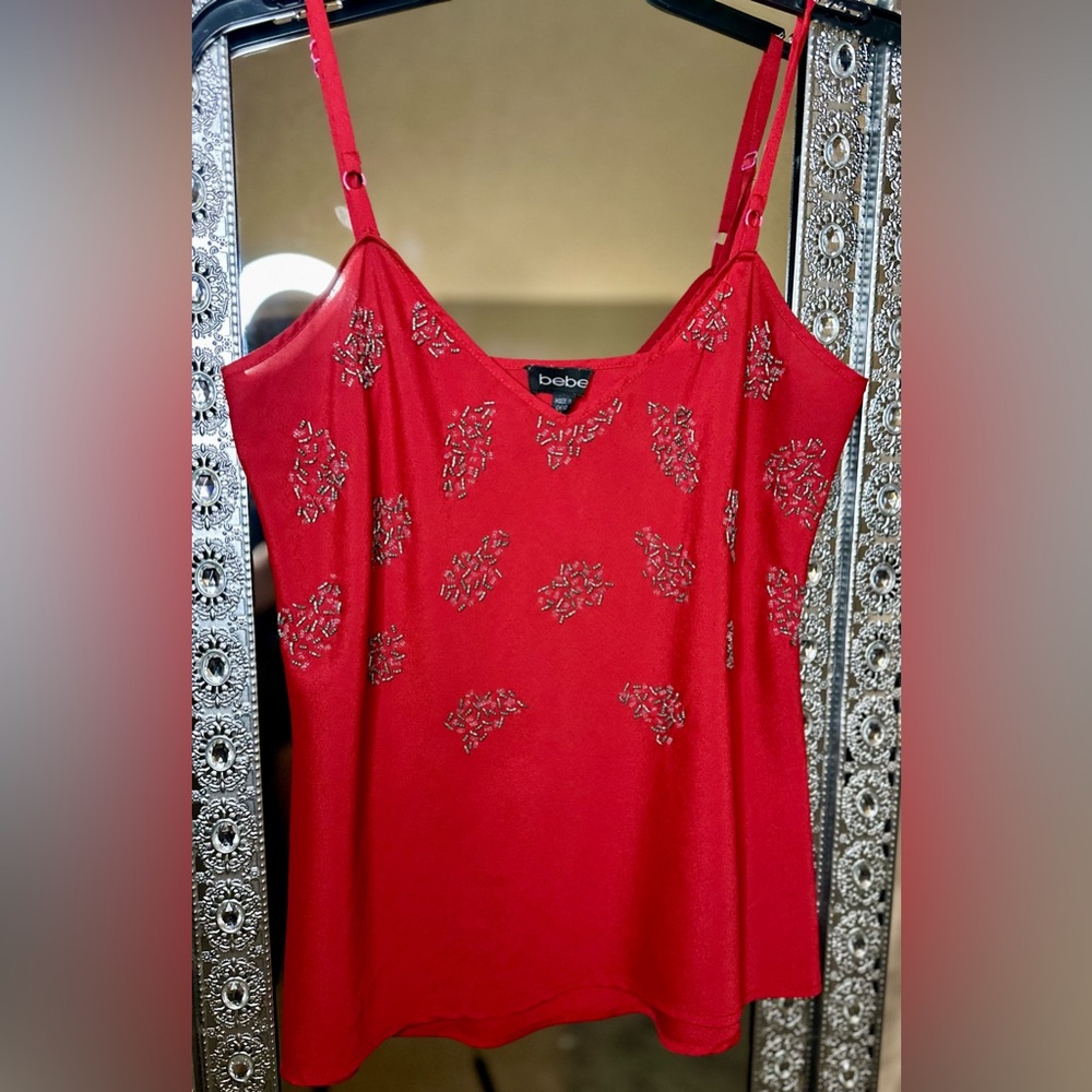 Y2K Bebe Embellished Chiffon Spaghetti Strap Blouse.